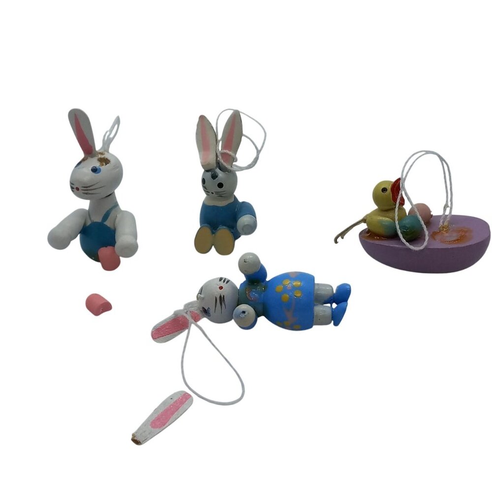 Easter Ornaments Set Of 4 Wooden Bunny Duck Designs Tree Decorations Vintage